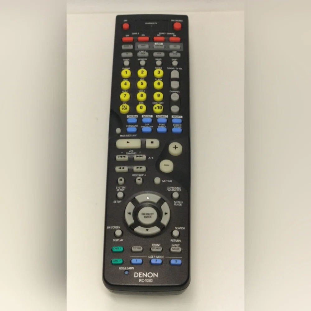 Denon RC-1030 Universal AV Receiver Remote - Black with Yellow & Blue Buttons Pr